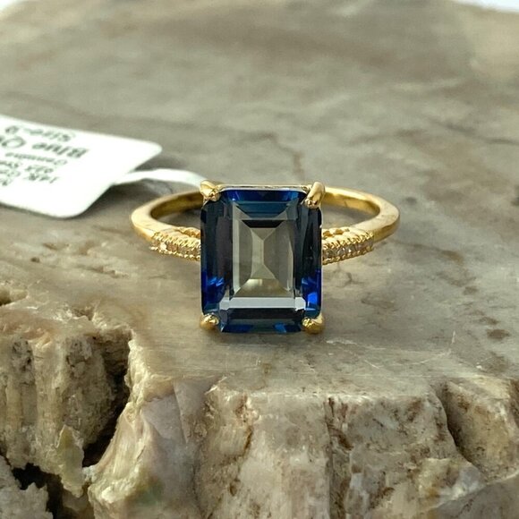 14K Gold Plated Sterling Silver 925 India Emerald Cut Blue Quartz Ring Sz 8.5 - Picture 2 of 16